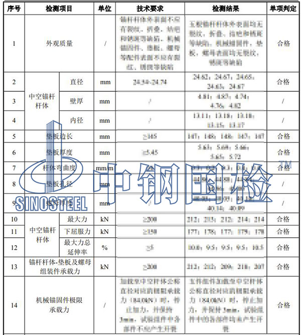 中空錨桿檢測項(xiàng)目結(jié)果